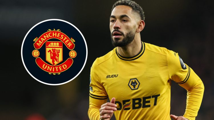 An image of Matheus Cunha with an inset of the Manchester United badge
