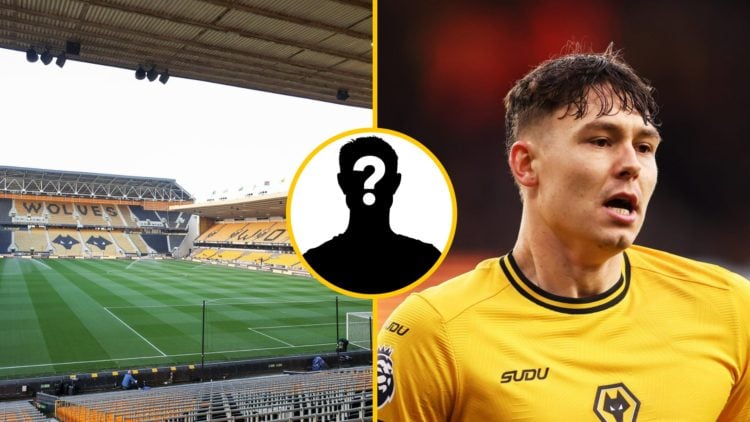 A general view of Molineux (left), Wolves striker Jorgen Strand Larsen (right), mystery player (inset)