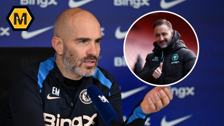 Enzo Maresca of Chelsea during a press conference at Chelsea Training Ground with inset of Vitor Pereira prior to the Premier League match between ...