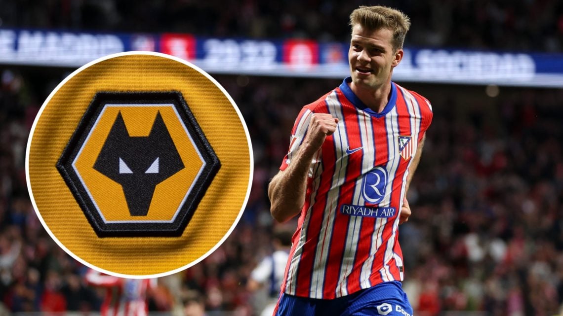 Alexander Sorloth celebrates goal (right) and Wolves badge (left)