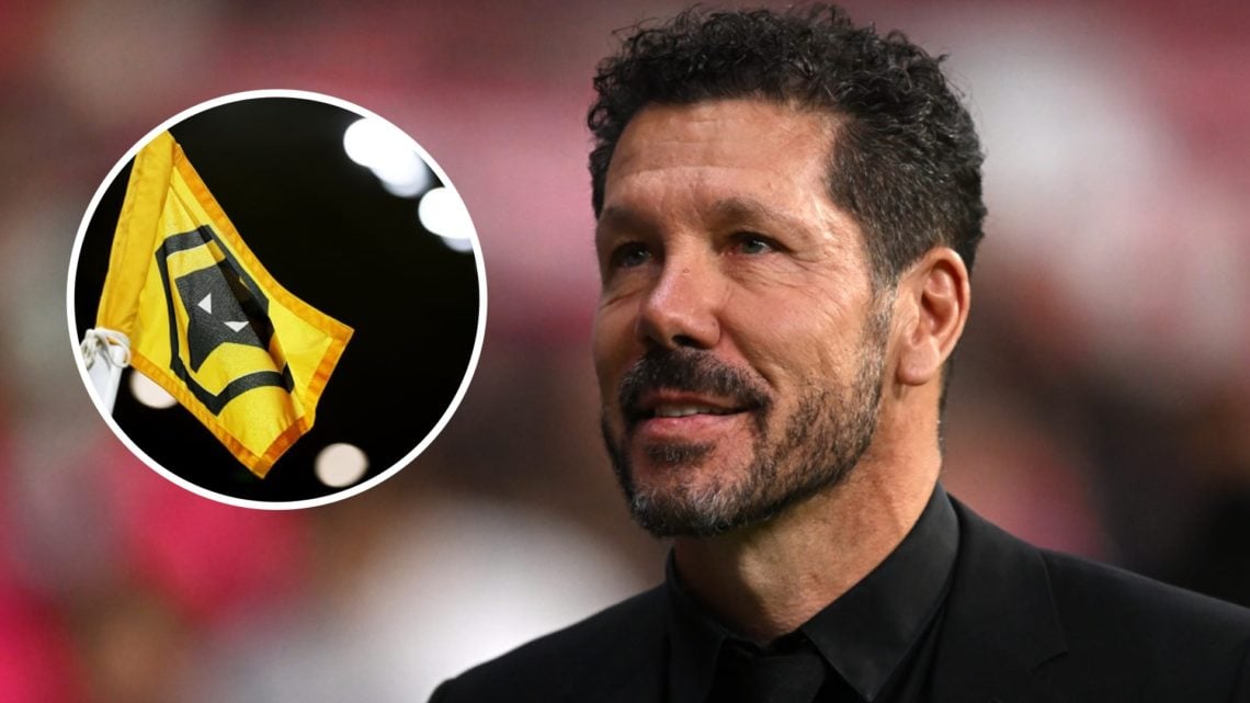Diego Simeone prior to the match between Atletico de Madrid and Real Valladolid CF with inset of the corner flag ahead of the FA Youth Cup match be...