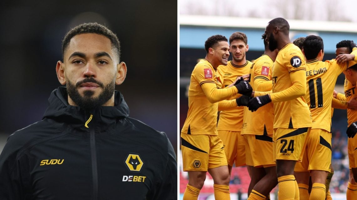 Matheus Cunha in Wolves training gear (left), several Wolves players celebrate (right)