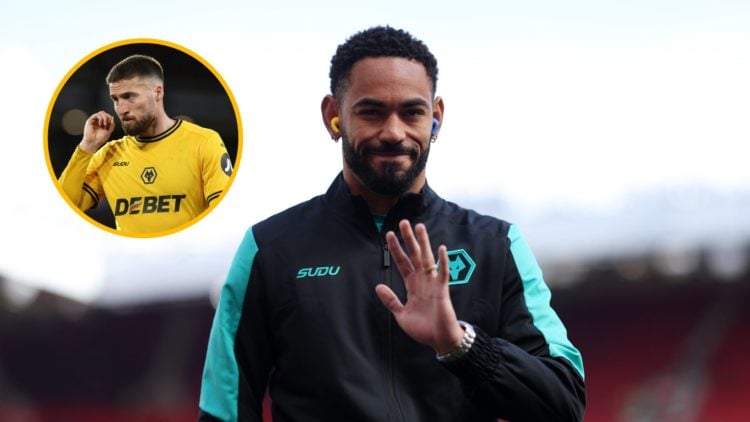 Matheus Cunha at Old Trafford (central), Matt Doherty playing for Wolves (inset)
