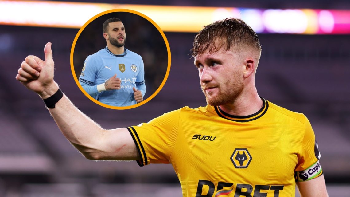 Tommy Doyle puts thumbs up after playing for Wolves (right) and Kyle Walker plays for Man City (left)