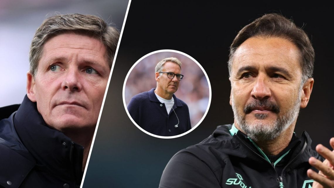 Crystal Palace manager Oliver Glasner looks on (left), Wolves manager Vitor Pereira applauds (right), pundit Paul Merson (inset)
