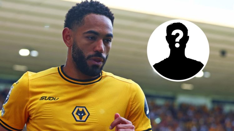 Matheus Cunha looks on during the Premier League match between Wolverhampton Wanderers and Brighton & Hove Albion with mystery icon inset.