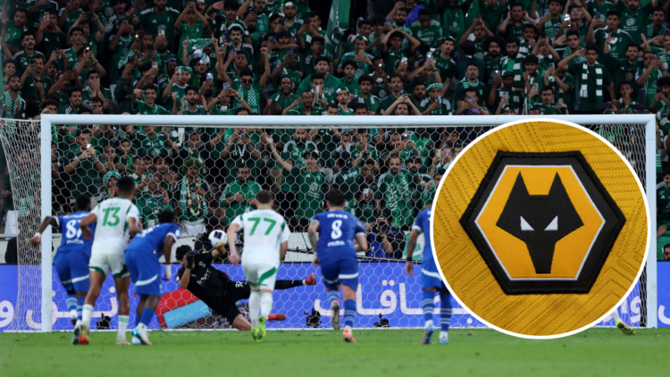 Yassine Bounou of Al Hilal saves a penalty kick from Franck Kessie of Al-Ahli Saudi during the AFC Champions League Elite Semi Final. Inset, A deta...