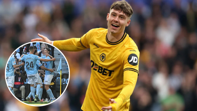 Jorgen Strand Larsen of Wolverhampton Wanderers celebrates scoring his team's second goal during the Premier League match between Wolverhampton Wan...