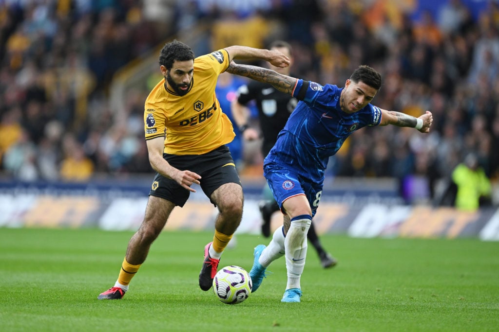 Rayan Ait-Nouri fights for possession against Enzo Fernandez in Wolves vs Chelsea.