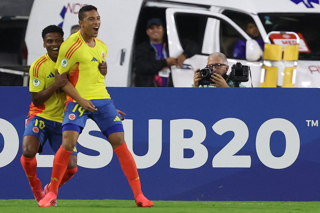 Jordan Barrera celebrates after scoring for Colombia's U20 side