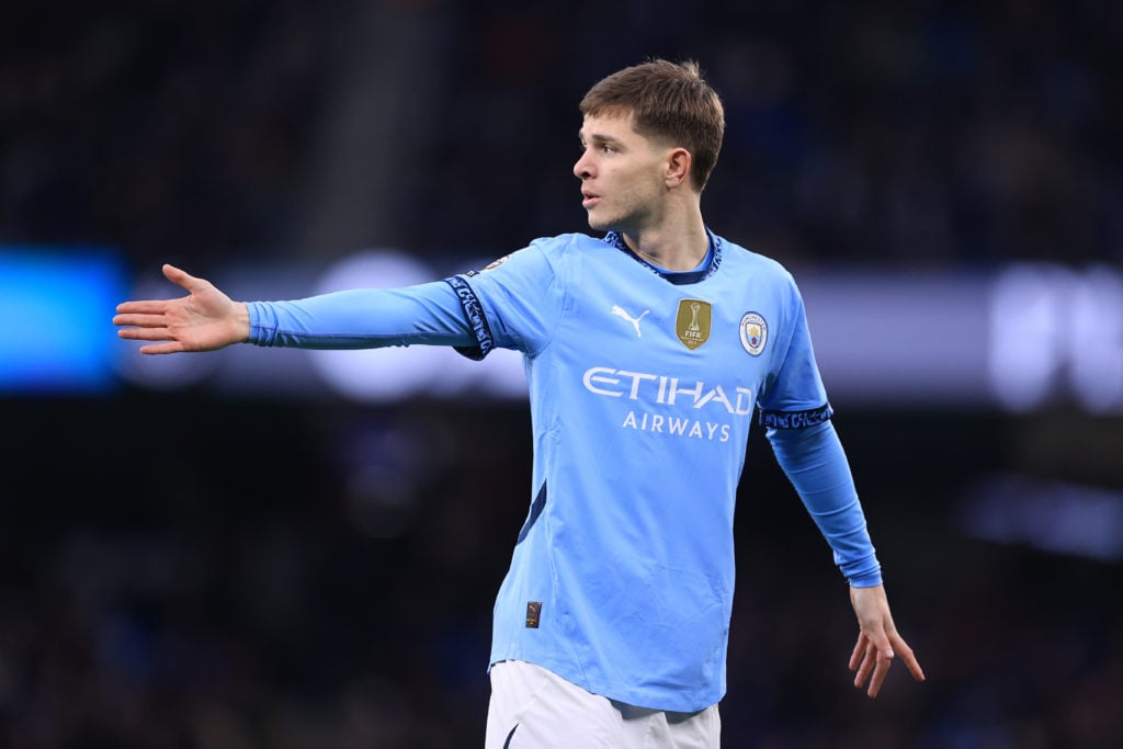 James McAtee of Manchester City gestures during the Premier League match between Manchester City FC and Newcastle United FC