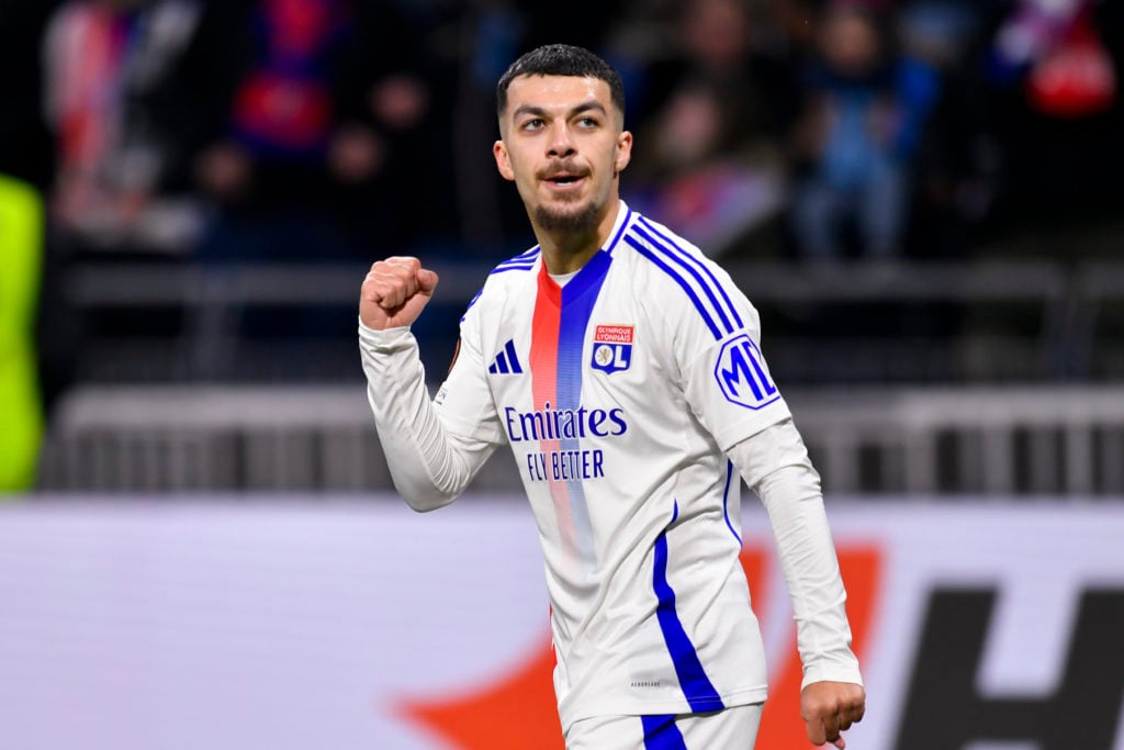 Georges Mikautadze pumps his fist after scoring for Lyon.