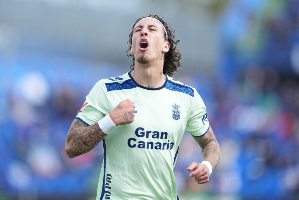 Fabio Silva celebrates after scoring for Las Palmas.