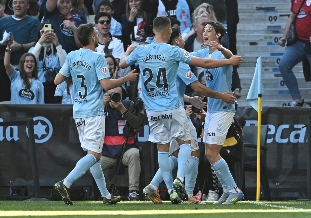 Fer Lopez of Celta Vigo celebrates a goal with his teammates in La Liga.