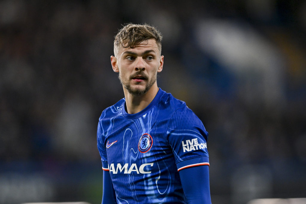 Kiernan Dewsbury-Hall of Chelsea FC looks on during the UEFA Conference League 2024/25 Semi Final Second Leg match between Chelsea FC and Djurgarden.