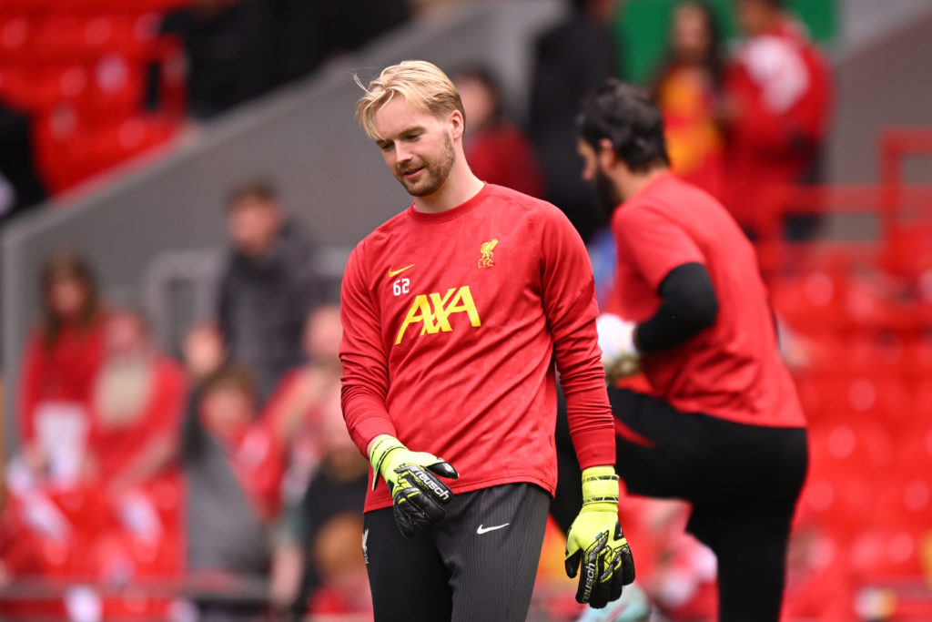 Caoimhin Kelleher of Liverpool looks on during the warm up prior to the Premier League match between Liverpool FC and Crystal Palace FC.