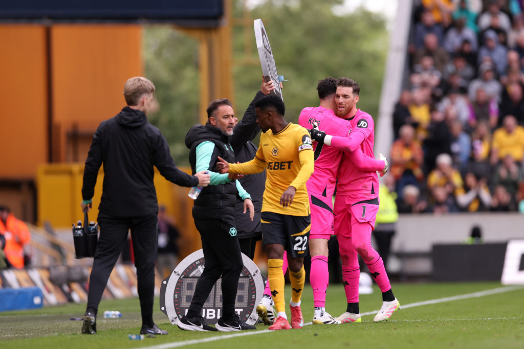 Jose Sa surrounded by Wolves teammates against Brentford