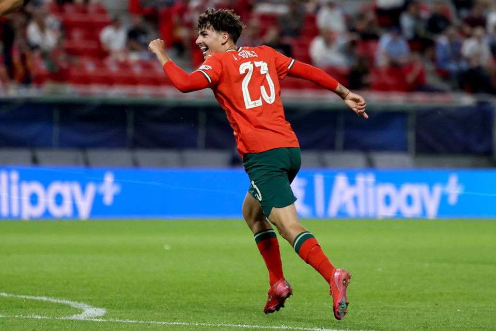 Rodrigo Gomes of Portugal celebrates after scoring their fifth goal during the UEFA European Under-21 Championship 2025 Group Stage match