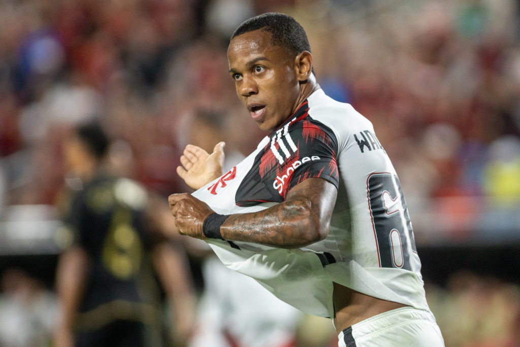 Wallace Yan celebrates after scoring for Flamengo.