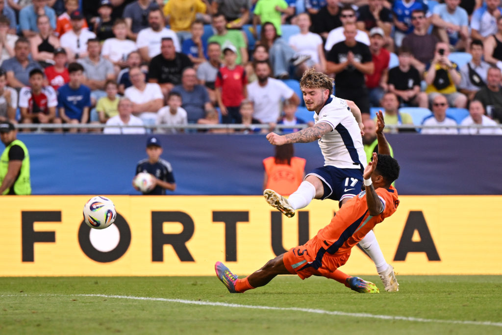Harvey Elliott unleashes a shot against Netherlands.