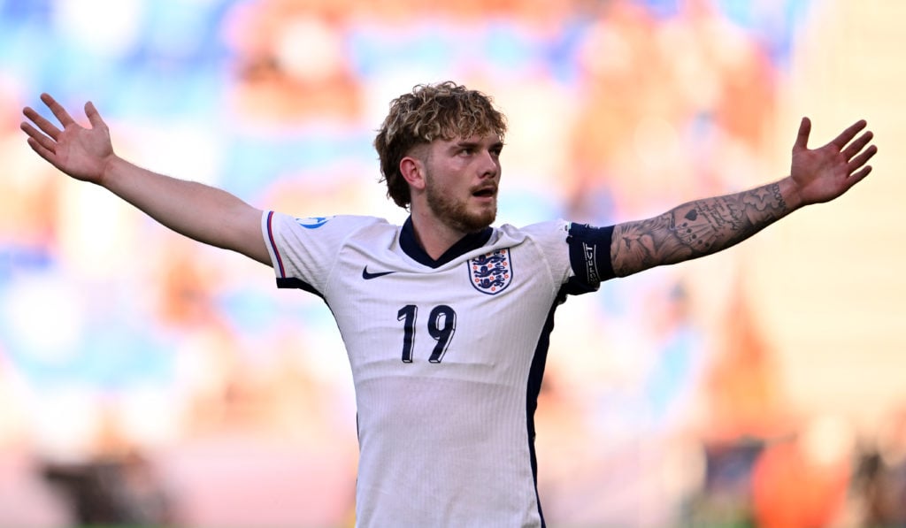Harvey Elliott celebrates after scoring for England.