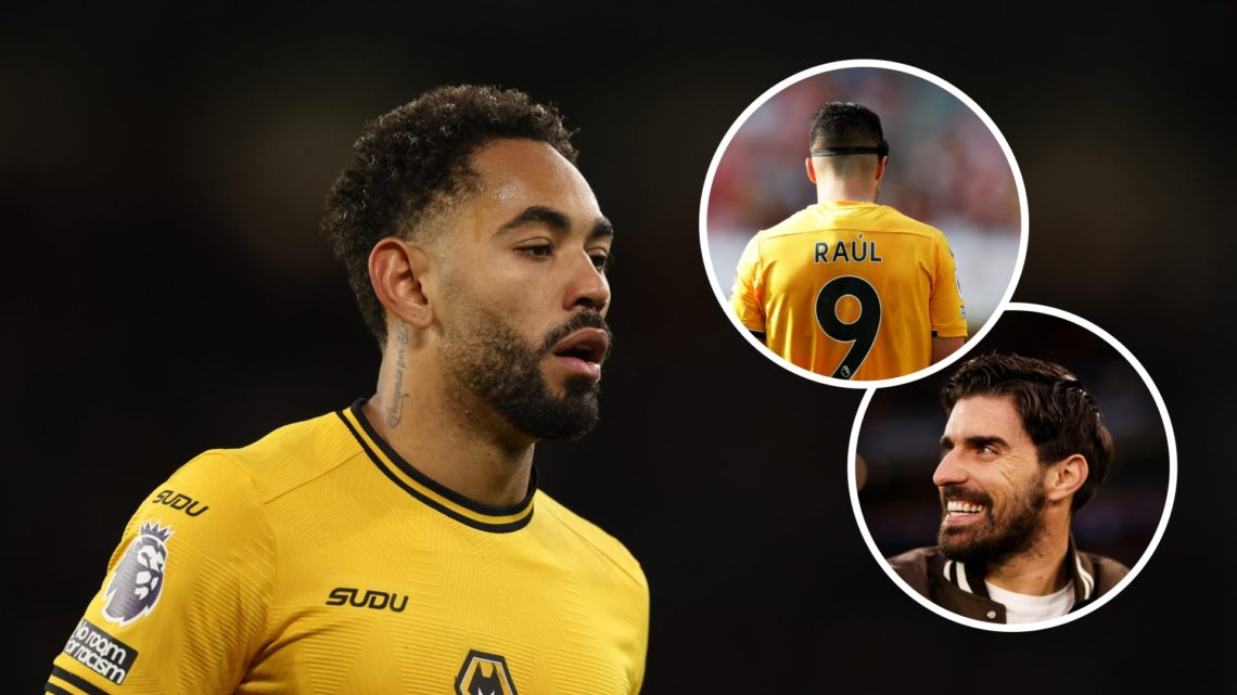 Matheus Cunha looks on for Wolves (left), Ruben Neves at Molineux (lower inset), Raul Jimenez playing for Wolves (upper inset)