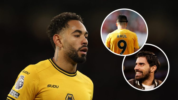 Matheus Cunha looks on for Wolves (left), Ruben Neves at Molineux (lower inset), Raul Jimenez playing for Wolves (upper inset)