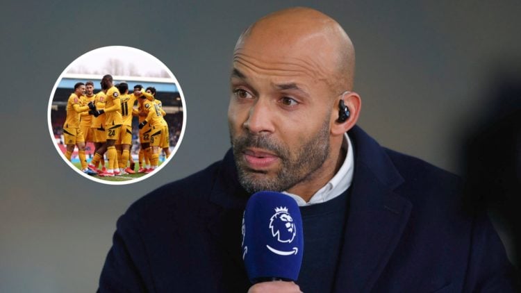 An image of pundit Matt Murray with an inset of Joao Gomes surrounded by Wolves teammates