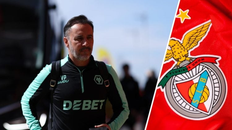 Wolves manager Vitor Pereira steps off the team coach (left), Benfica badge (right)