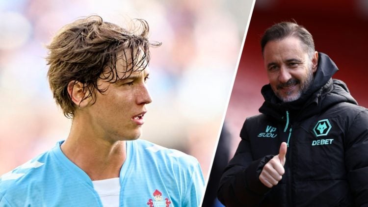 Fer Lopez playing for Celta Vigo (left), Wolves manager Vitor Pereira gives a thumbs up (right)
