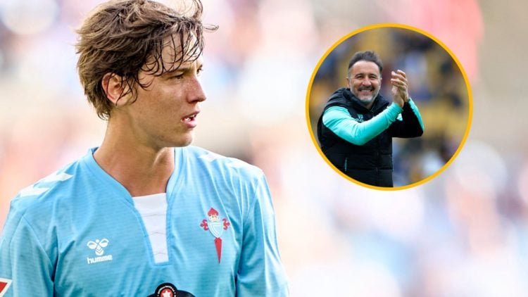 Fer Lopez during the La Liga EA Sports match between RC Celta de Vigo and Rayo Vallecano de Madrid, inset, Wolverhampton Wanderers manager Vitor Pe...