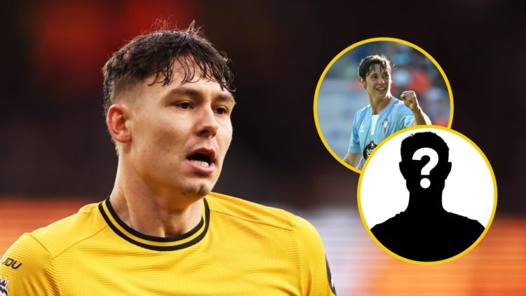 Jorgen Strand Larsen playing for Wolves (left), Fer Lopez playing for Celta Vigo (upper inset), mystery player (lower inset)