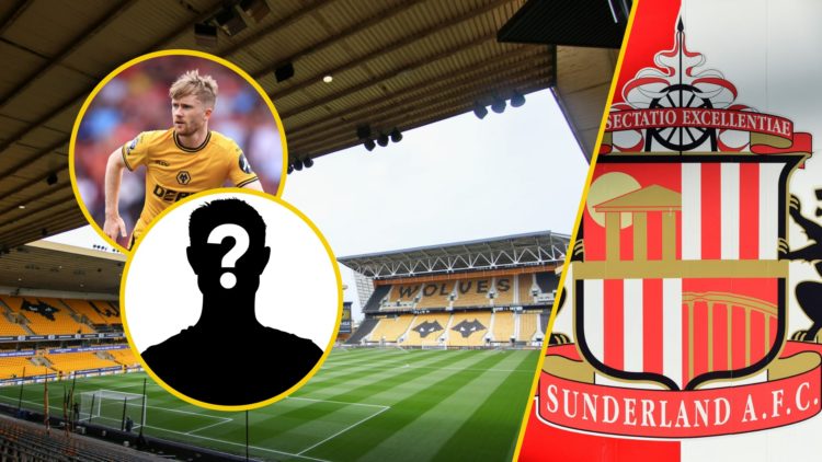 A general view of Molineux (left), the Sunderland badge (right), Tommy Doyle playing for Wolves (upper inset), mystery player (lower inset)