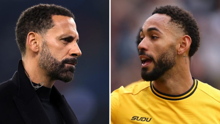 Split image of (L) TNT Sports pundit Rio Ferdinand prior to the UEFA Champions League 2023/24 match between Manchester City and F.C. Copenhagen and...