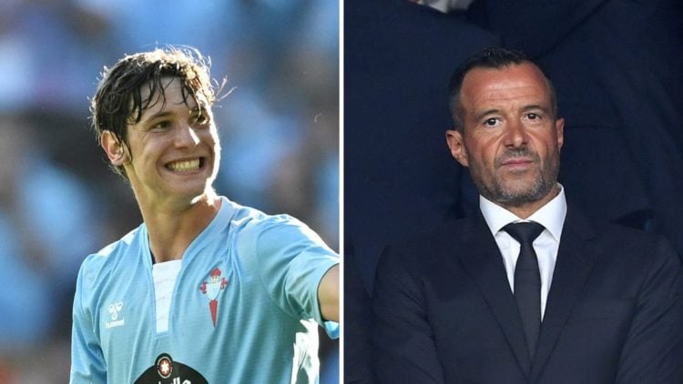 Fer Lopez celebrates scoring for Celta Vigo (left), agent Jorge Mendes at Molieux (right)