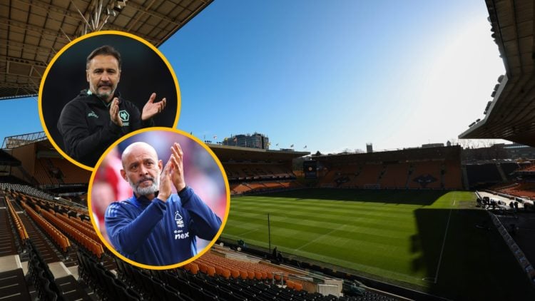 A general view of Molineux (central), Nuno Espirito Santo applauds (lower inset), Wolves manager Vitor Pereira applauds (upper inset)