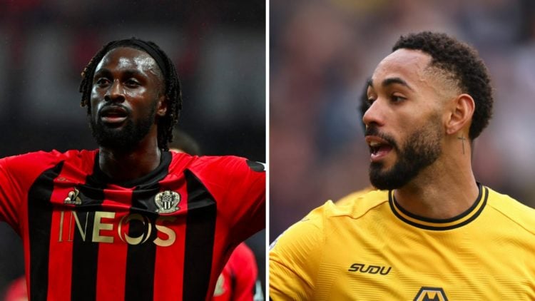 Evann Guessand celebrates after scoring for Nice (left), Matheus Cunha playing for Wolves (right)