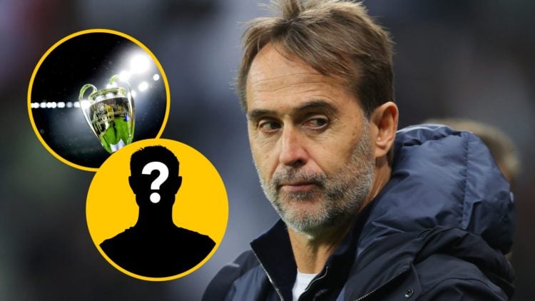 Julen Lopetegui, former manager of West Ham United, during the Premier League match between Newcastle United and West Ham United, inset, The Champi...