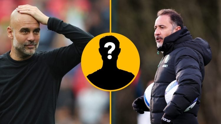 Split image of (L) Pep Guardiola during the Emirates FA Cup Semi Final match between Nottingham Forest and Manchester City and (R) Vitor Pereira, h...