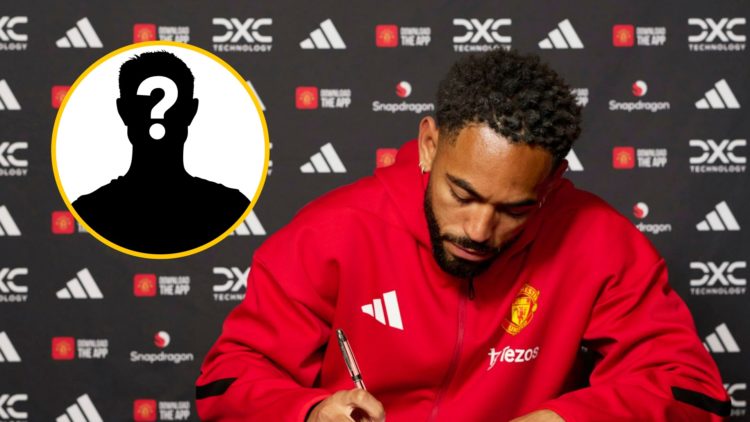 Matheus Cunha signing his new Manchester United contract (right), mystery player (inset)