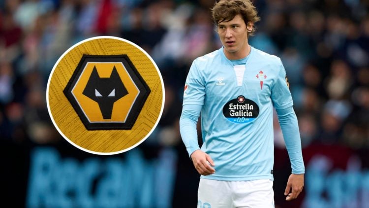 An image of Fer Lopez with an inset of the Wolves badge