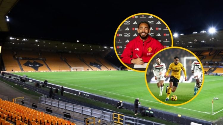 General view of Molineux Stadium before the Premier League match between Wolverhampton Wanderers and Nottingham Forest, inset, Matheus Cunha of Man...