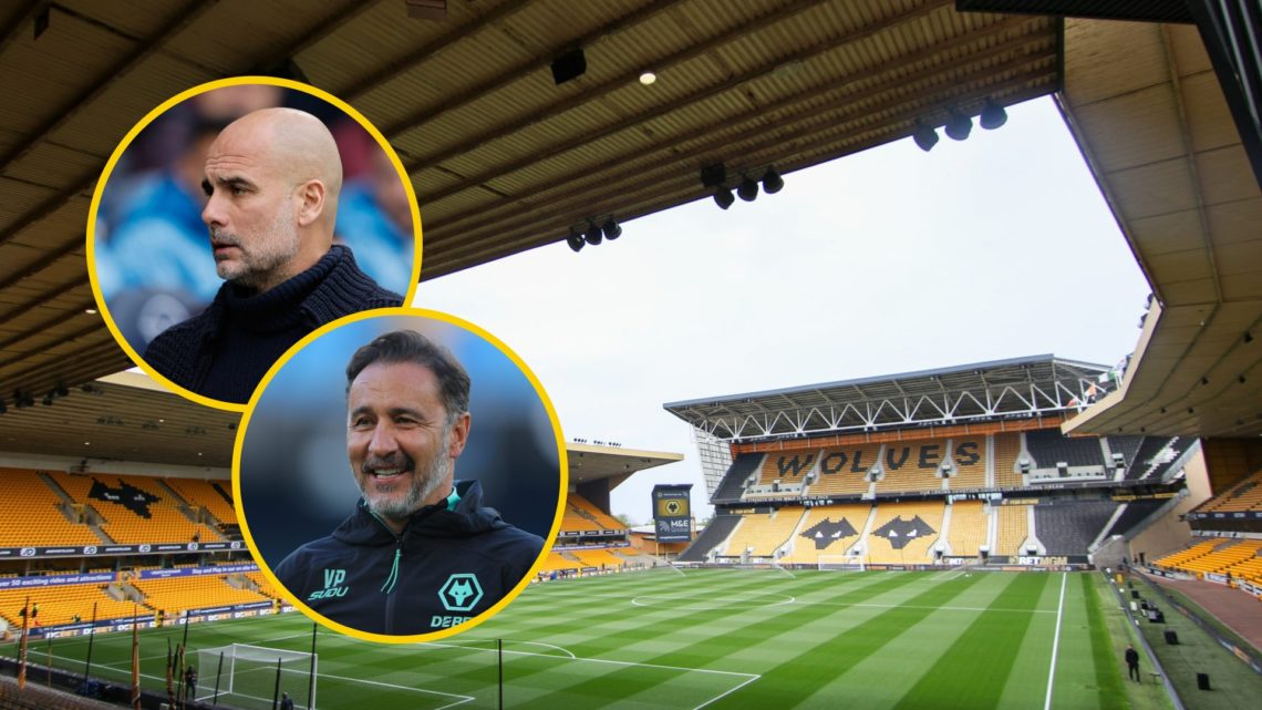 A general view of Molineux (central), Manchester City manager Pep Guardiola (upper inset), Wolves manager Vitor Pereira (lower inset)