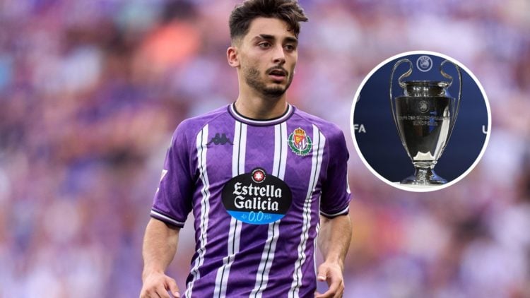 An image of Real Valladolid winger Raul Moro and an inset of the Champions League trophy