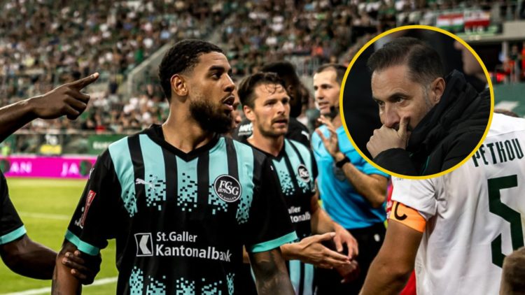 Willem Geubbels celebrates after scoring for St. Gallen (left), Wolves manager Vitor Pereira looks on (right)