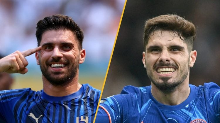 Ruben Neves celebrates after scoring for Al Hilal vs Real Madrid (left), Pedro Neto playing for Chelsea (right)