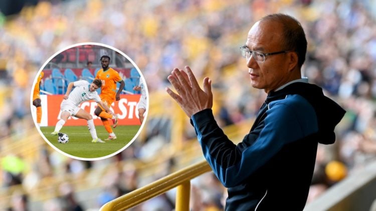 An image of Wolves owner Fosun with an inset of Evann Guessand
