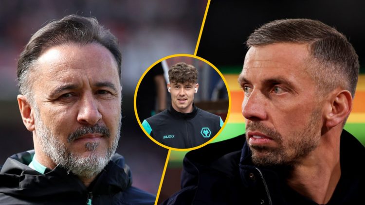 Wolves manager Vitor Pereira looks on (left), former Wolves manager Gary O'Neil looks on (right), Jorgen Strand Larsen in Wolves training gear