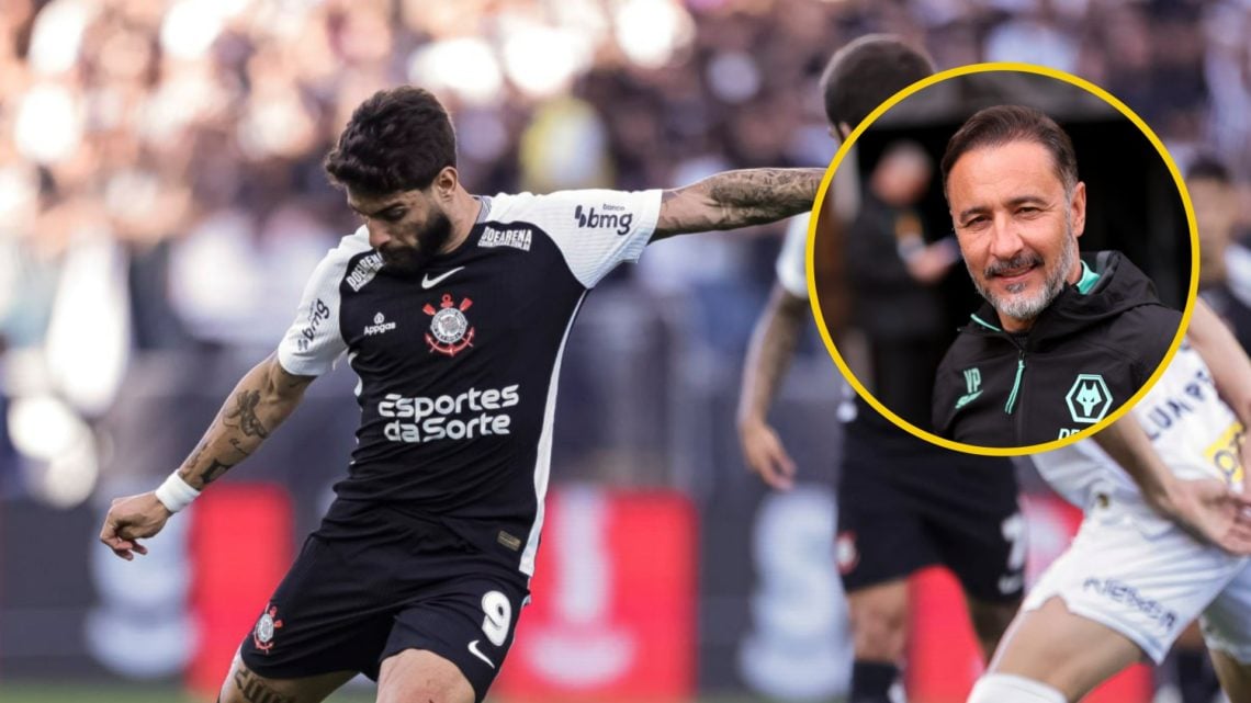 Yuri Alberto shooting for Corinthians (left), Wolves manager Vitor Pereira smiles (right)