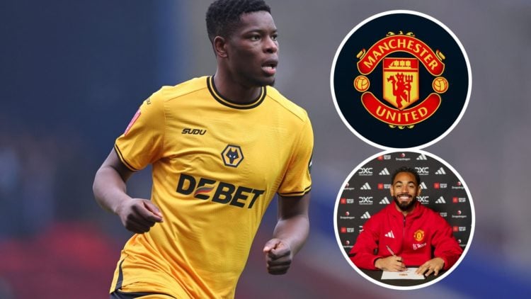 An image of Wolves player Marshall Munetsi with an inset of the Manchester United badge and Matheus Cunha